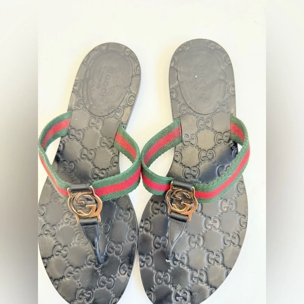 Gucci Black Red Green Leather Fabric GG web Thong flat sandals EU 39.5